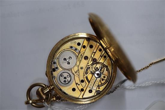 A Victorian 18ct engraved gold and enamel half hunter fob watch, on 18ct and plat albert chain.